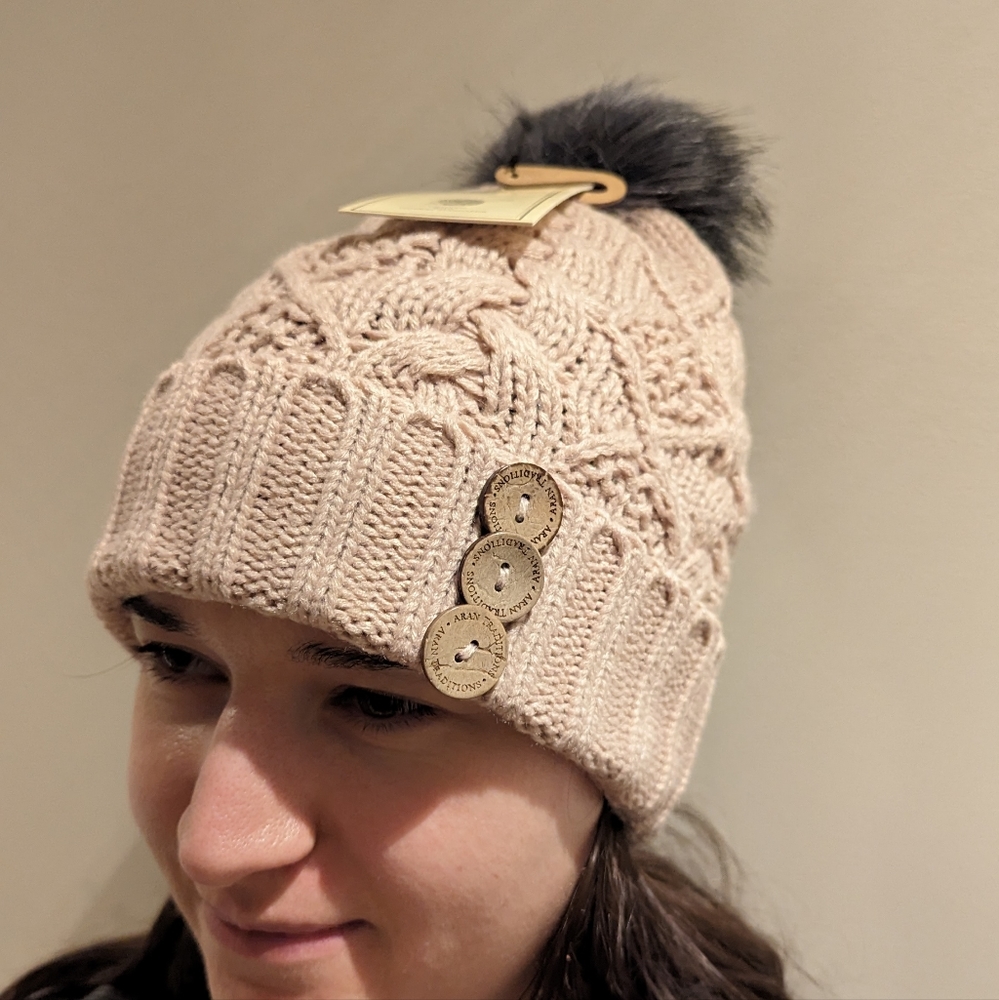 Irish Knit Hat with faux fur pom pom